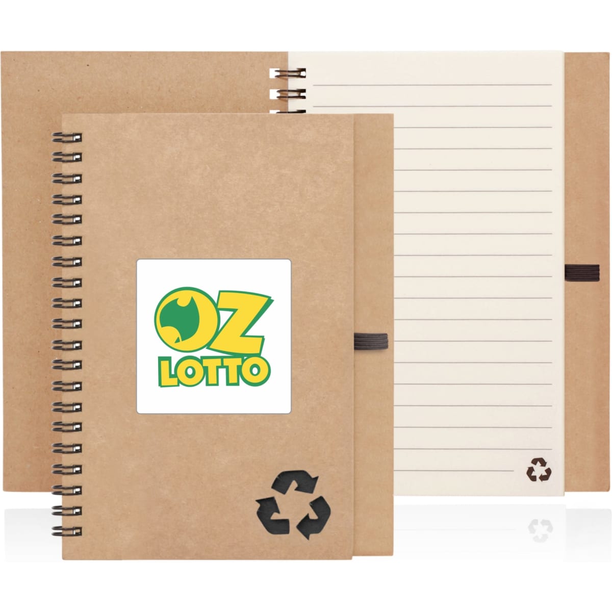 A spiral-bound notebook made from recycled paper with a brown cover and a logo on the front.