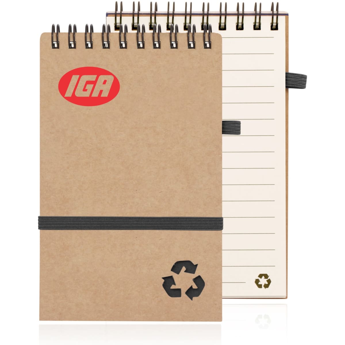 A spiral-bound notepad made from recycled paper, featuring a natural kraft cover and a recycling symbol.