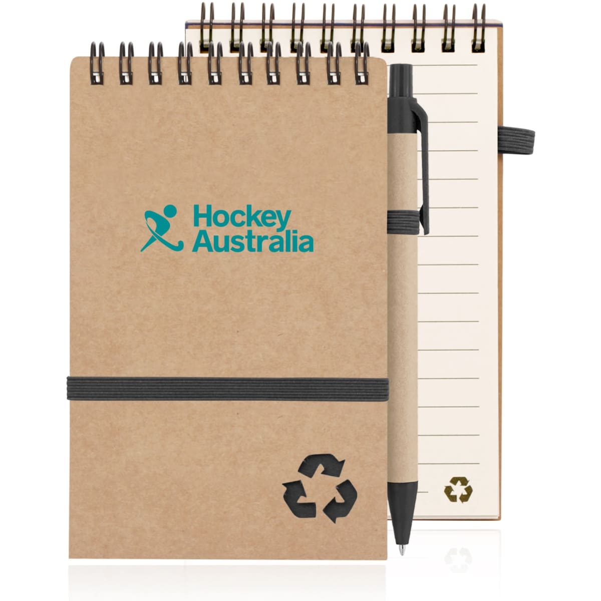A spiral-bound notepad made from recycled paper with a brown cover and a black elastic band, accompanied by a pen.