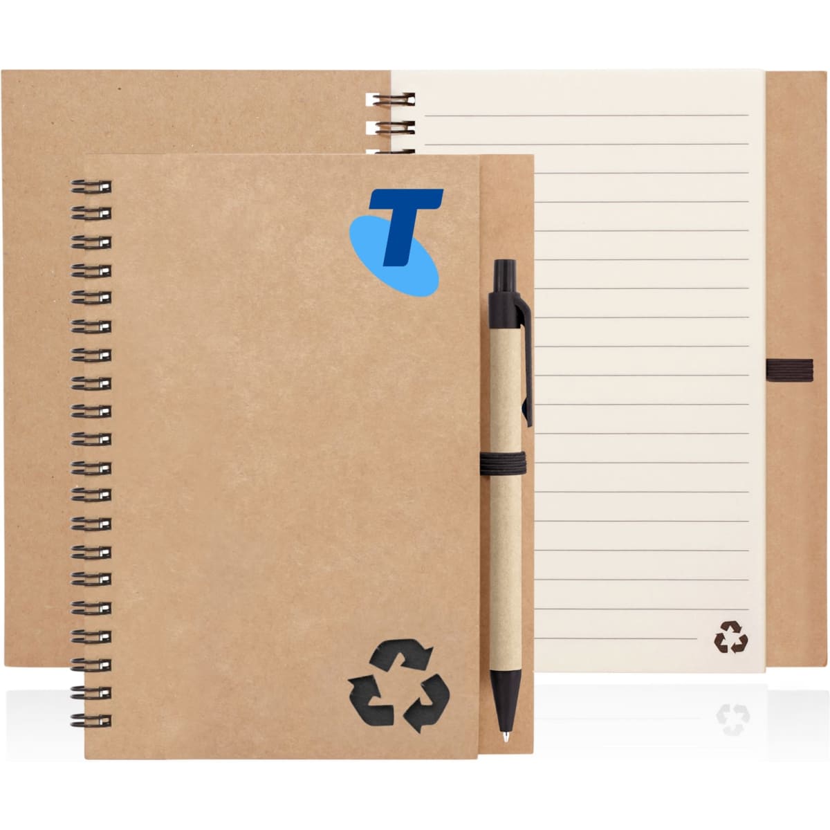A recycled paper spiral-bound eco notebook in a light brown colour, accompanied by a pen and featuring a logo.