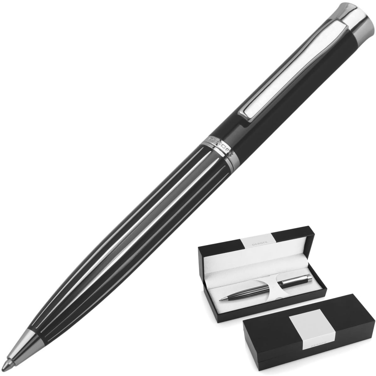 A black ballpoint pen with striped detailing, presented in a sleek black gift box.