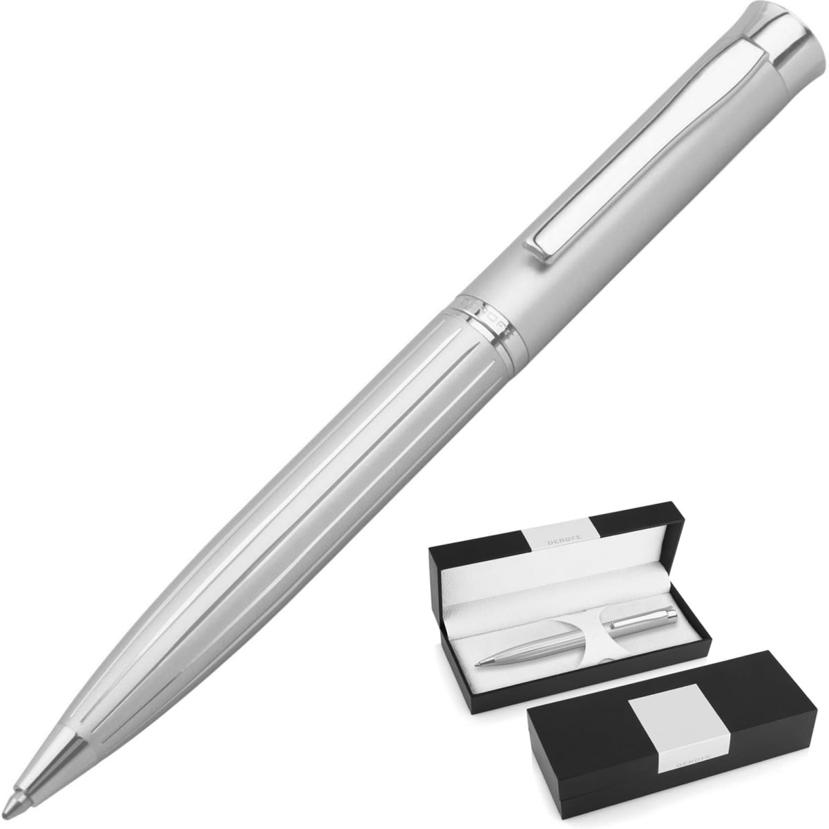 A silver ballpoint pen with a striped design, presented in a black box. The pen features a shiny finish and a clip.