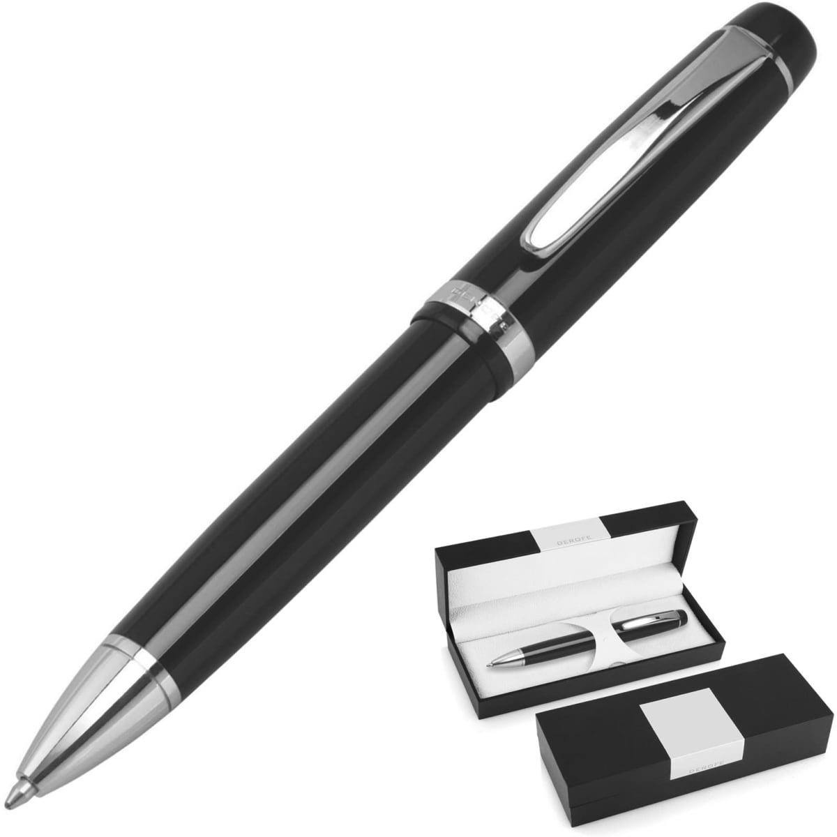 A black metal ballpoint pen with a silver accent, displayed alongside a black and white gift box.