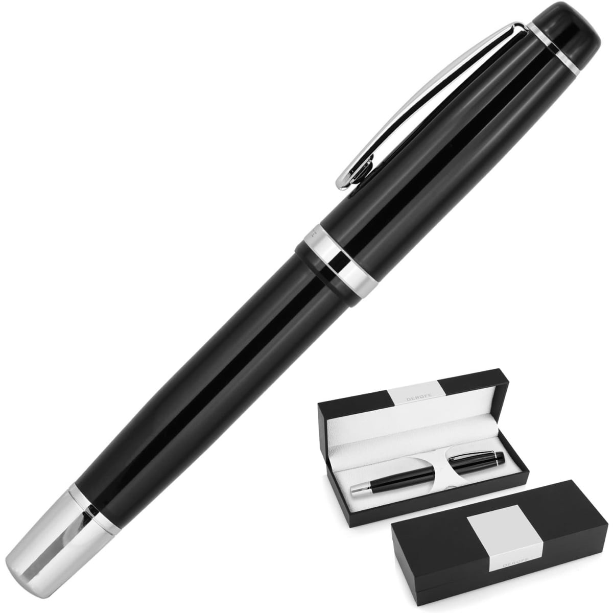 A black rollerball pen with silver accents, resting beside a black gift box containing a matching pen.