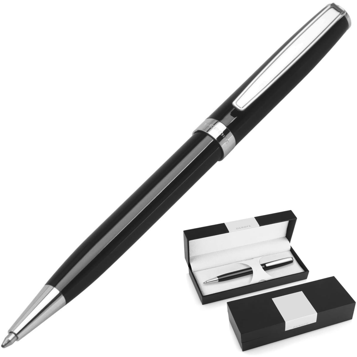 A black ballpoint pen with silver accents, presented in a sleek black and white gift box.