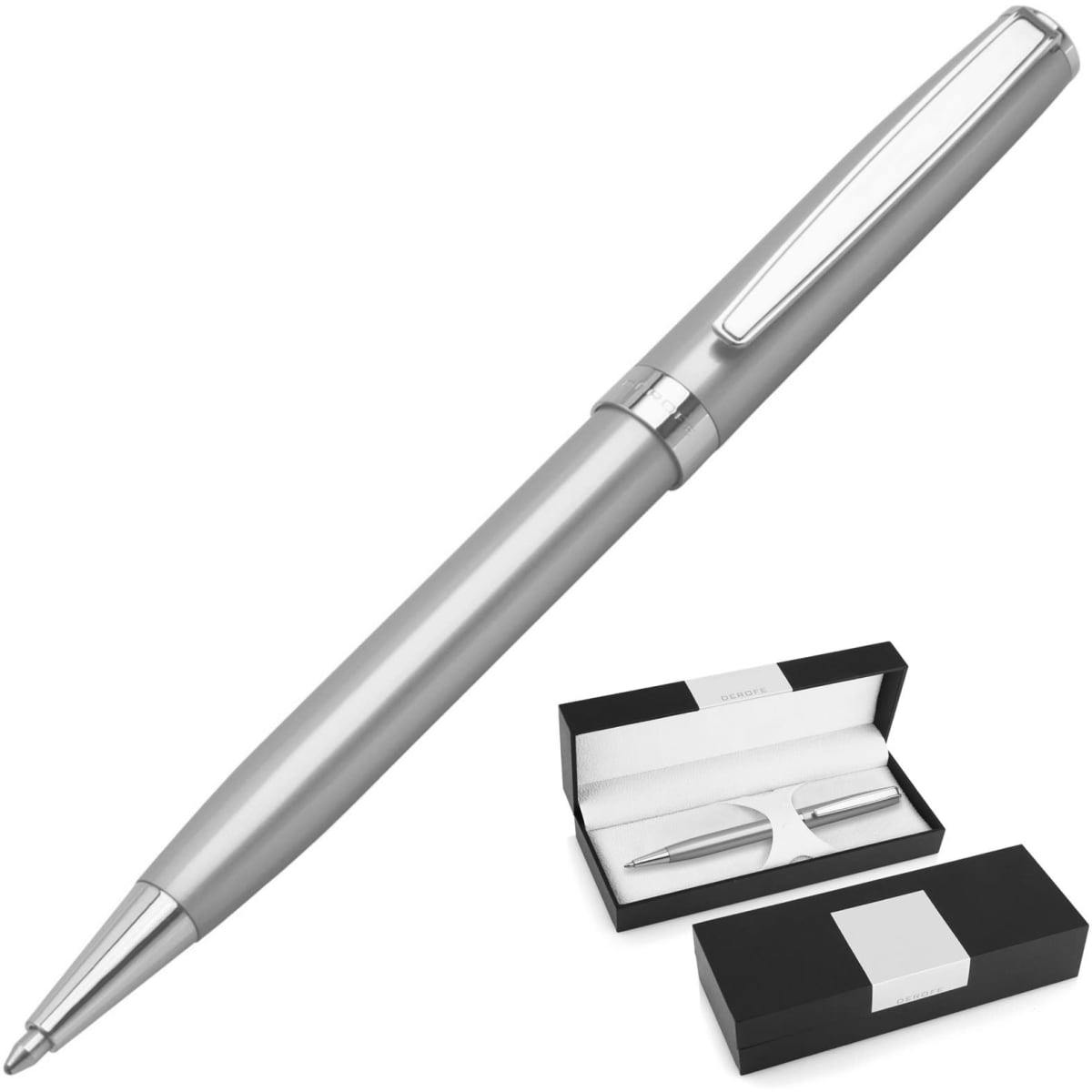 A silver ballpoint pen with a sleek design, accompanied by a black presentation box. The box features a white insert.