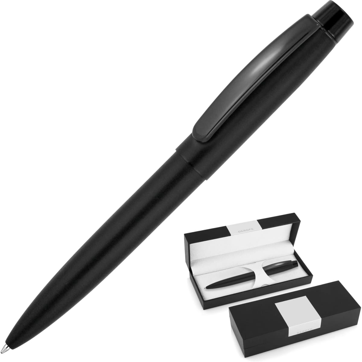 A matte black ballpoint pen alongside its black and white presentation box, featuring a logo on the box.