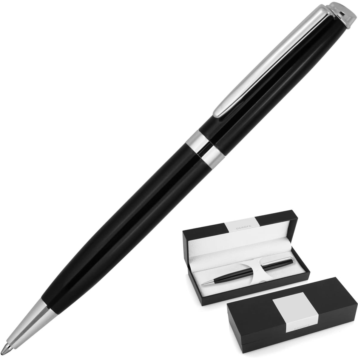 A black ballpoint pen with a silver clip, presented in a black and white gift box.