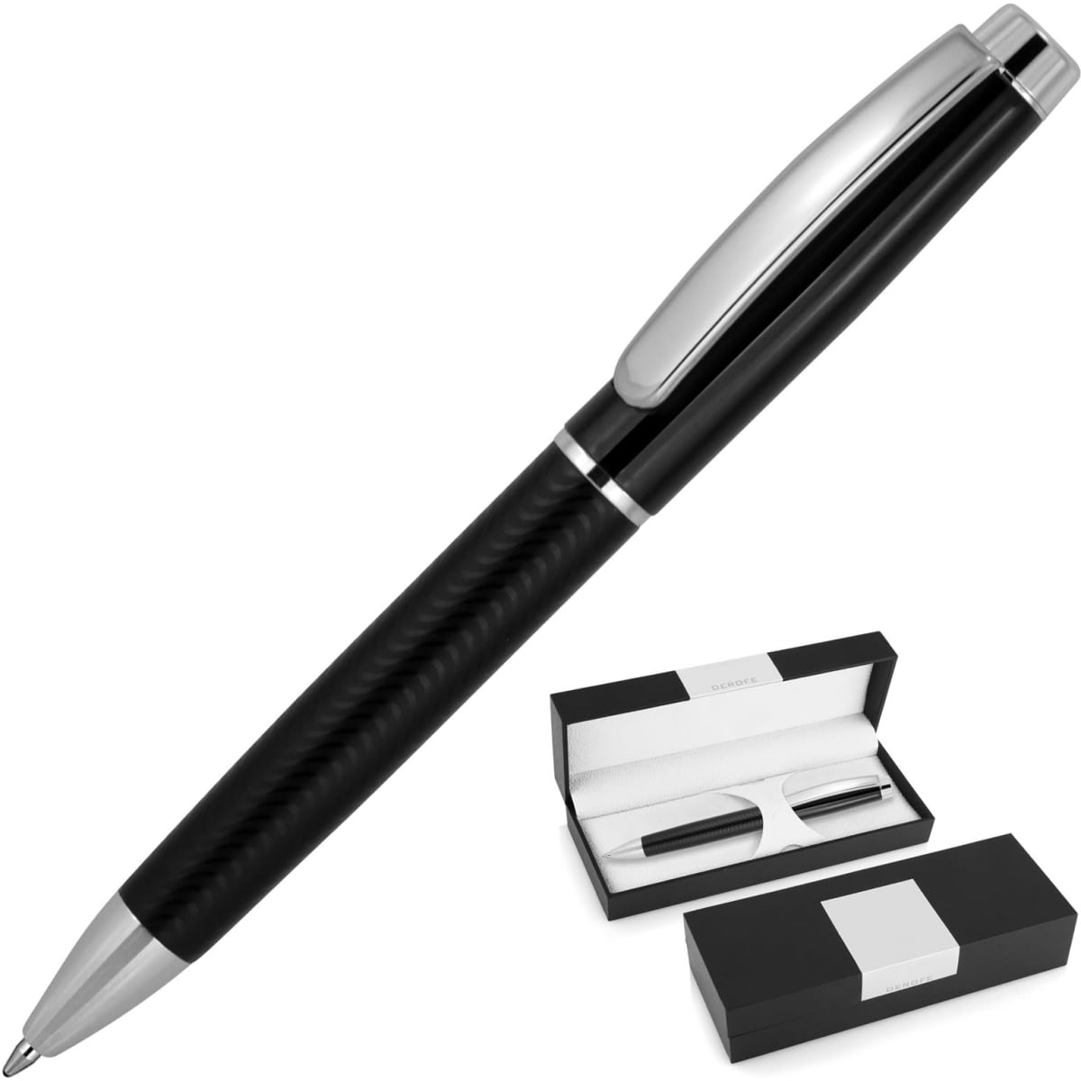 A black ballpoint pen with a textured design and silver accents, presented in a gift box.