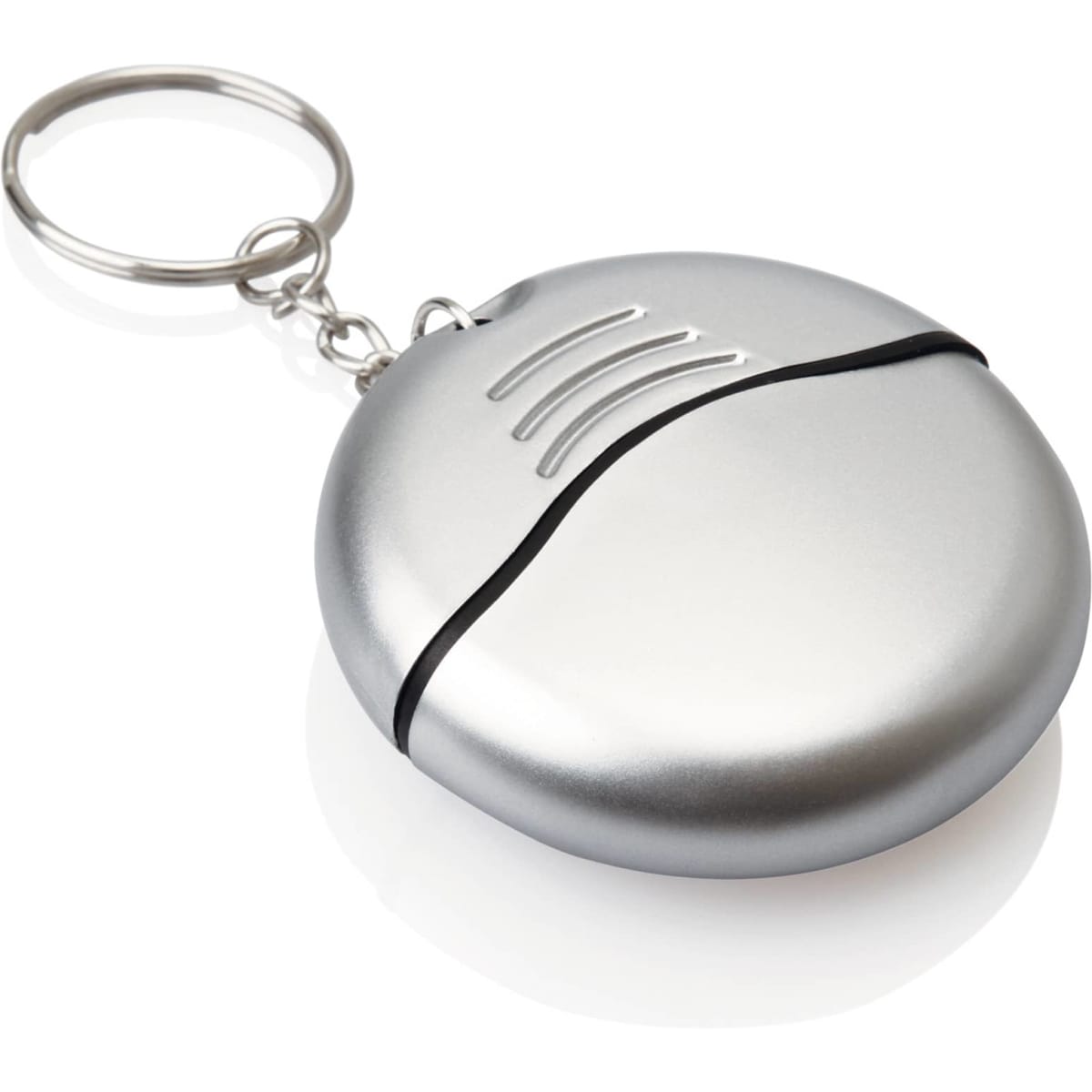 A silver keyring tool kit featuring a round, compact design with a keychain attachment.