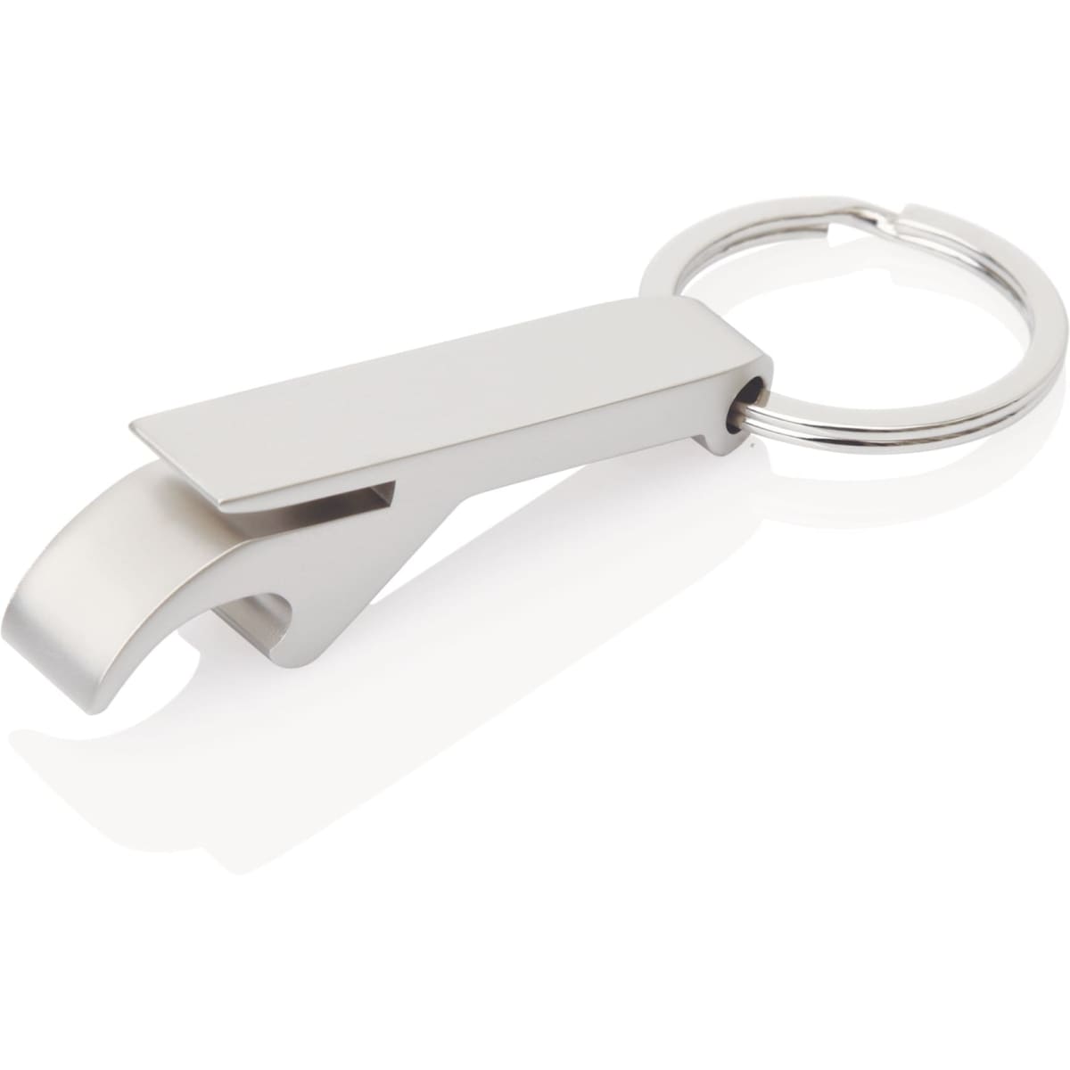A drink bottle opener in a sleek silver design with a keyring attachment. It features a minimalist, modern style.