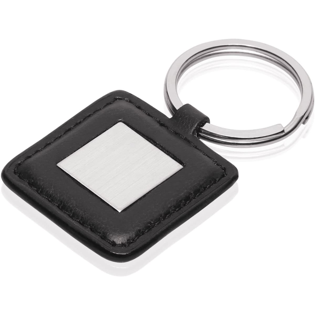 A square keyring featuring a metal plate and a black leather look finish, with a silver keyring attachment.