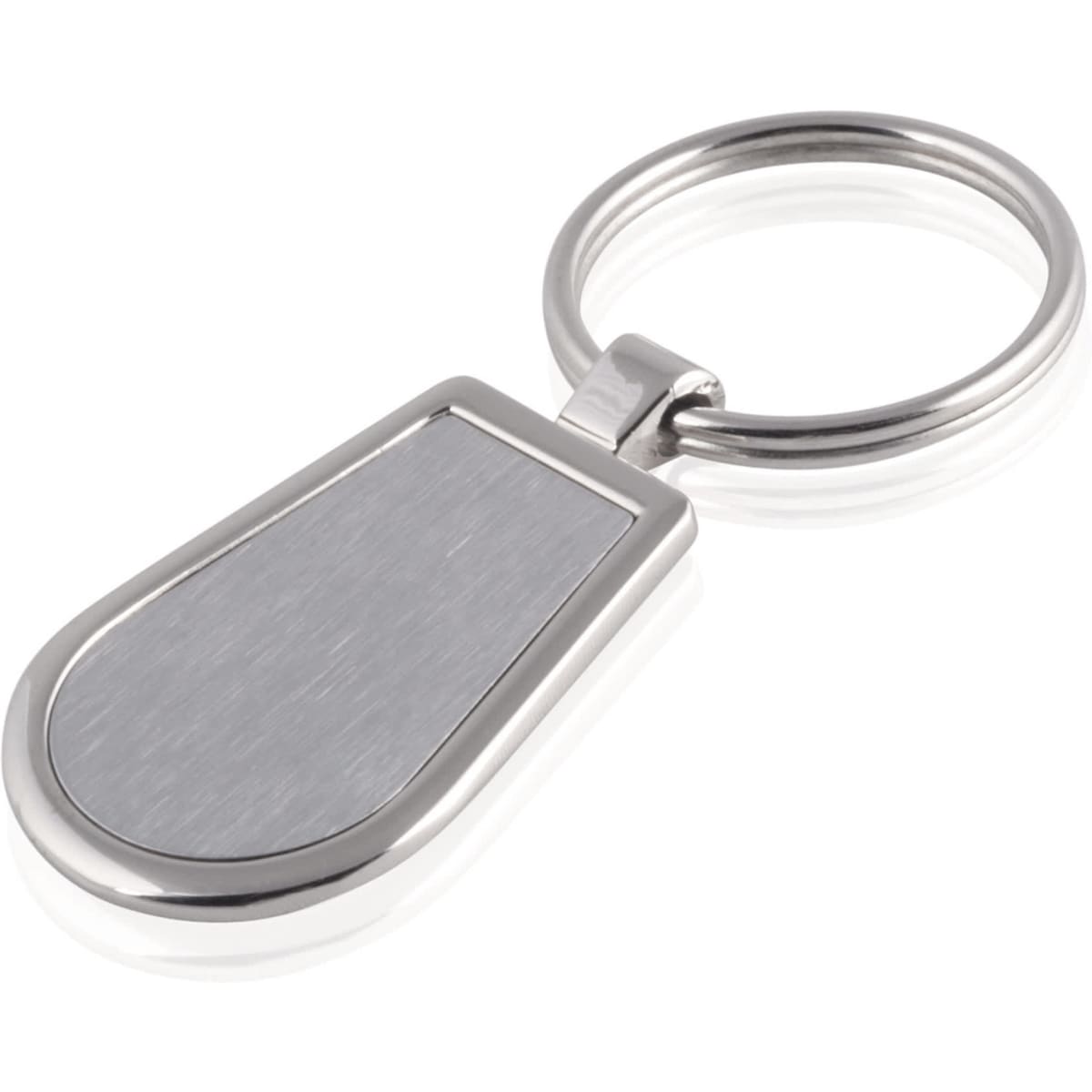A silver keyring with a polished, brushed surface and a circular attachment. It has a simple, elegant design.