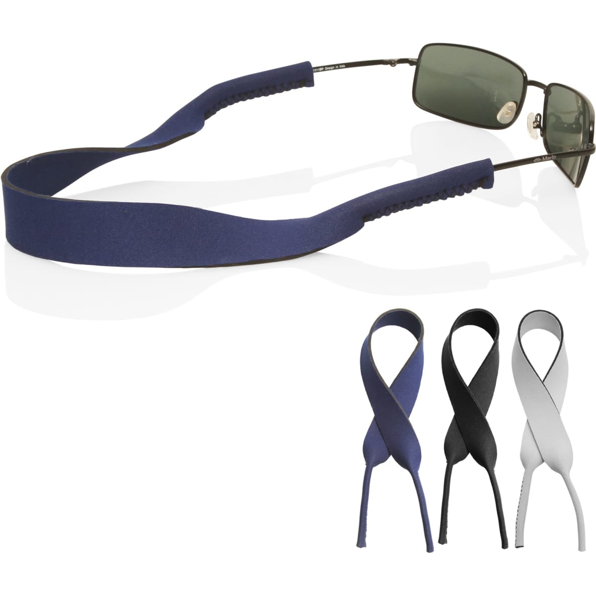 A pair of sunglasses with a navy neoprene strap, displayed with grey, black, and white strap options.