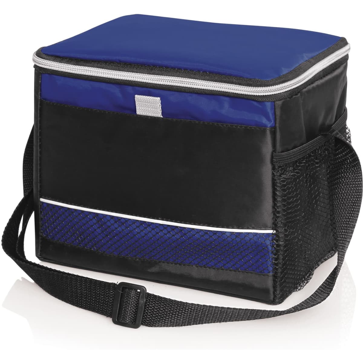 A cooler bag in black and blue, featuring a zippered closure and a shoulder strap for easy carrying.
