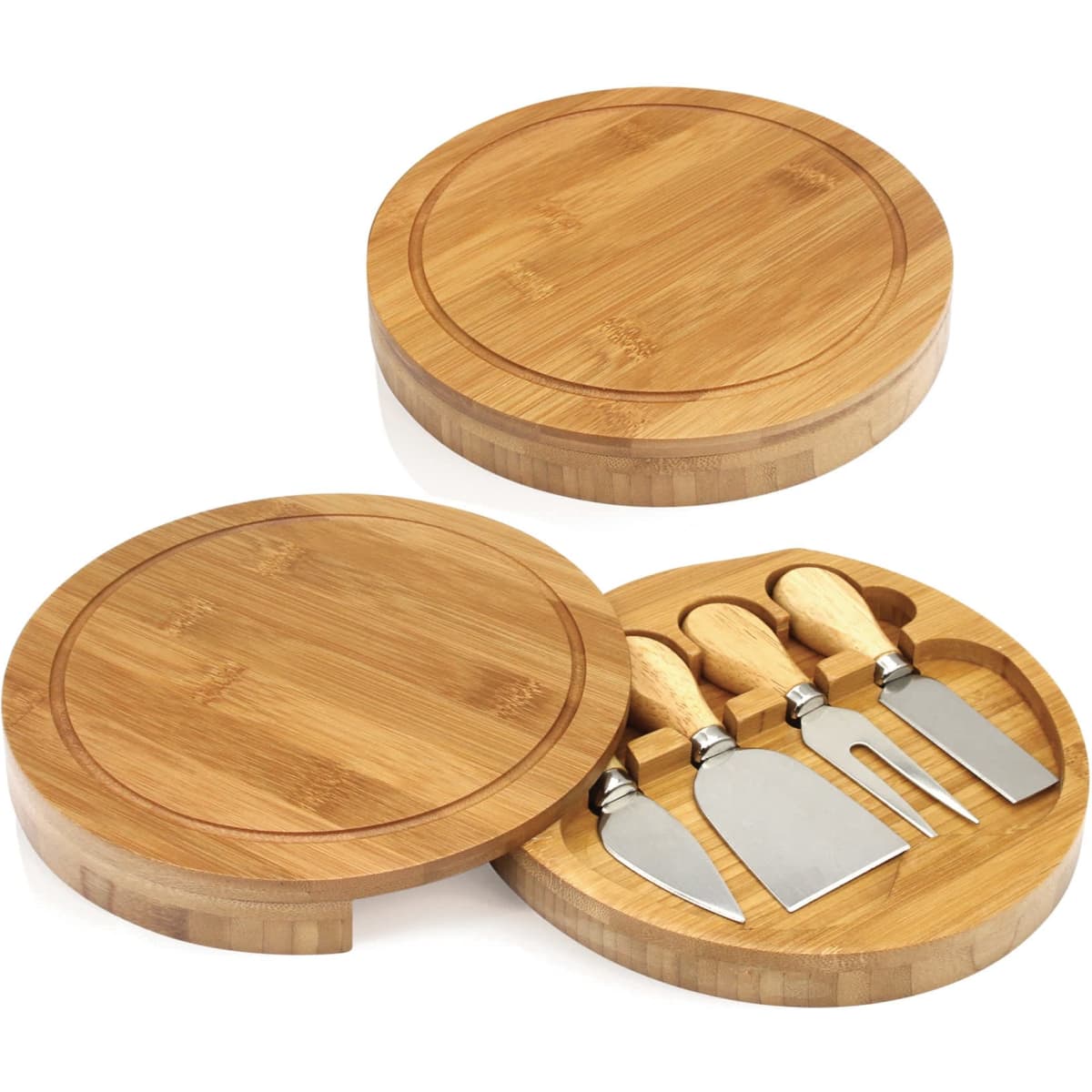A bamboo cheese set featuring a circular board and three stainless steel knives with wooden handles.
