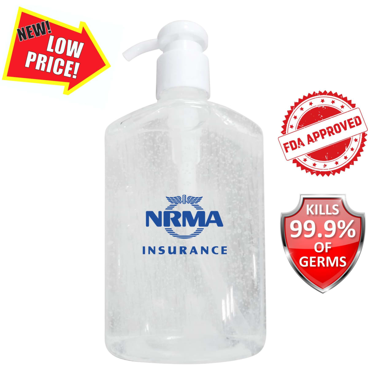 A clear plastic pump bottle containing hand sanitiser gel, featuring a logo on the front.