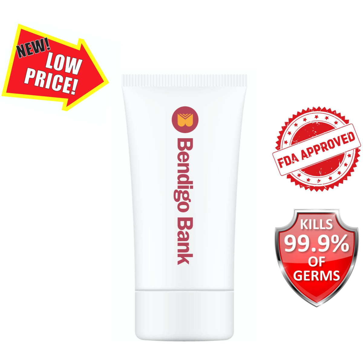 A white 60ml tube of hand sanitiser gel features a logo and claims to kill 99.9% of germs.