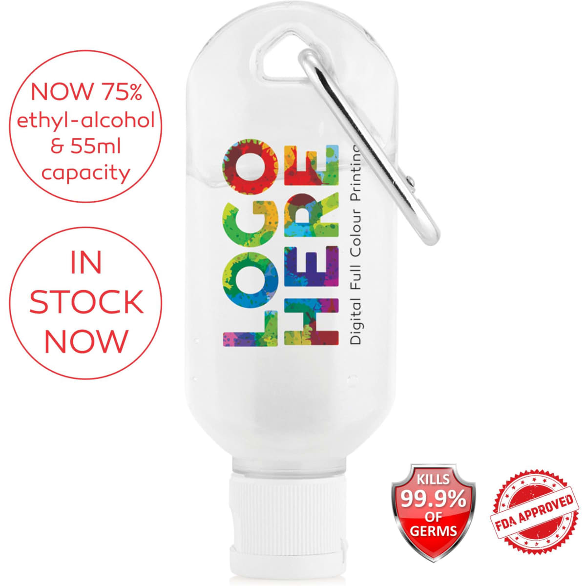 A clear hand sanitiser gel bottle with a carabiner, containing 75% ethyl-alcohol and a 55ml capacity.