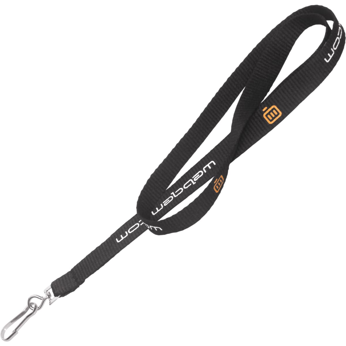 A black ribbed polyester lanyard with a metal clip and a logo.