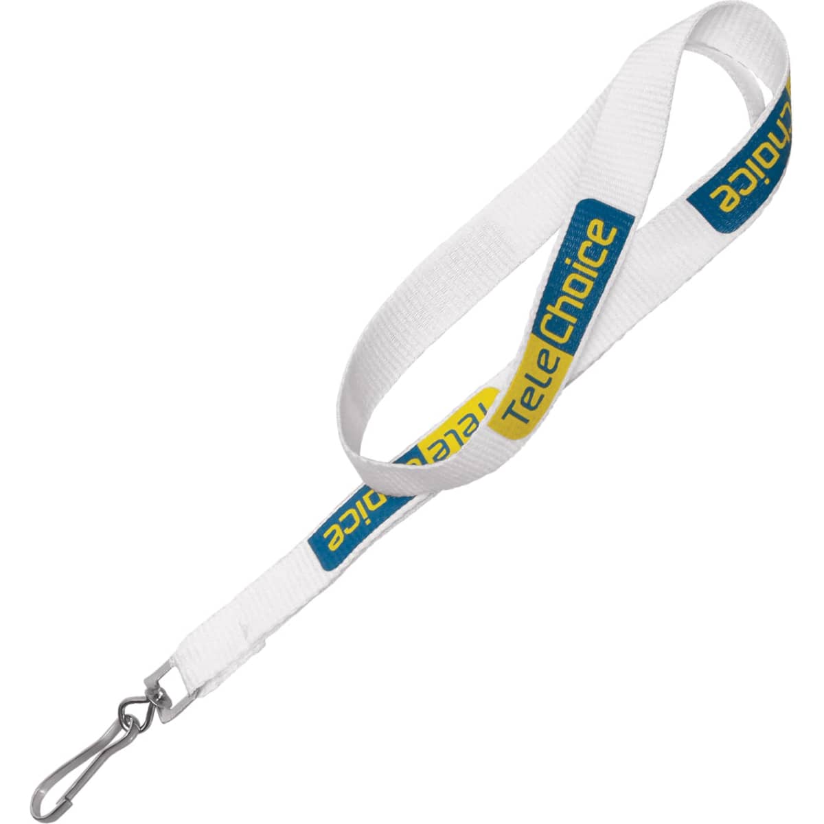 A white lanyard with ribbed polyester material and a metal clip, featuring a logo in blue and yellow.