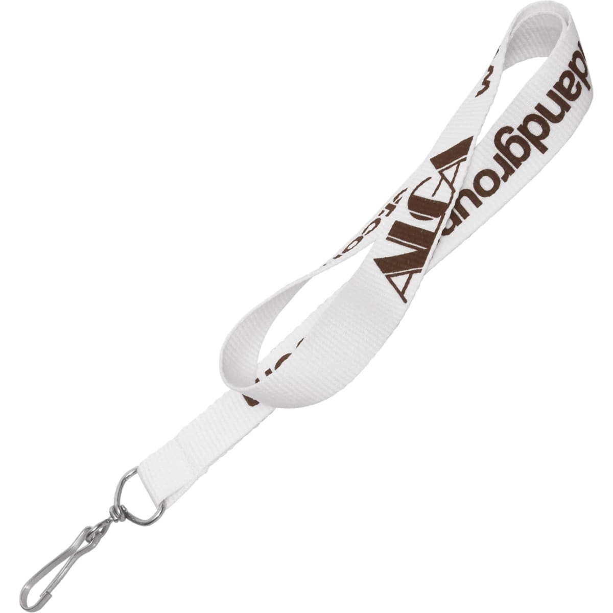A white lanyard made of ribbed polyester, featuring a clasp and a repeating logo pattern in brown.