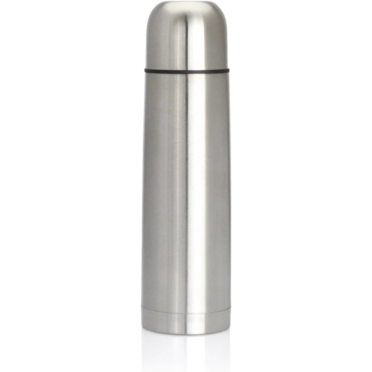 A drink bottle featuring a sleek stainless steel design, double wall insulation, and a rounded cap.