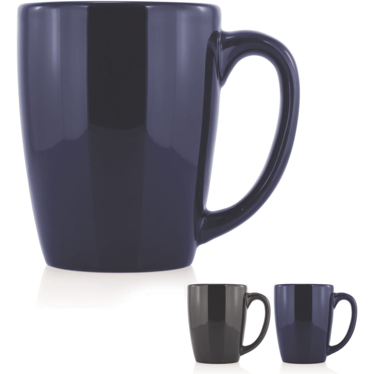 A ceramic mug in navy blue with a smooth finish and a sturdy handle, featuring a brand logo on one side.