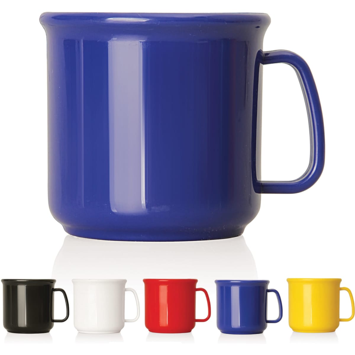 A blue plastic cup with a handle, accompanied by smaller cups in black, white, red, and yellow.