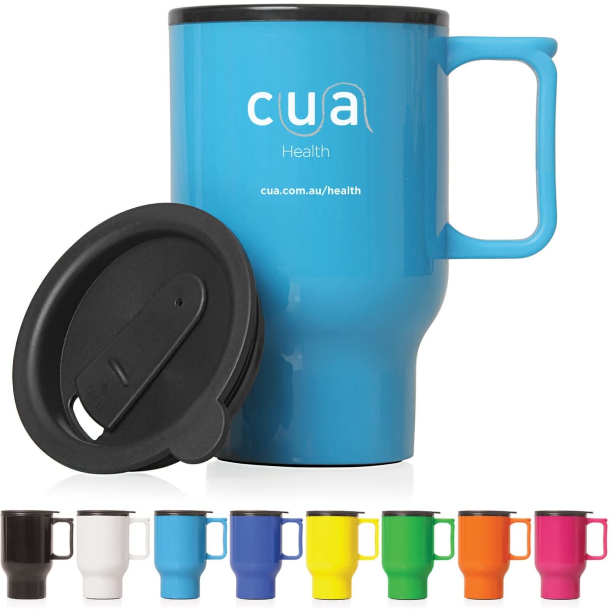 A travel mug in vibrant blue with a handle and a black lid. Available in various colours. Features a logo.