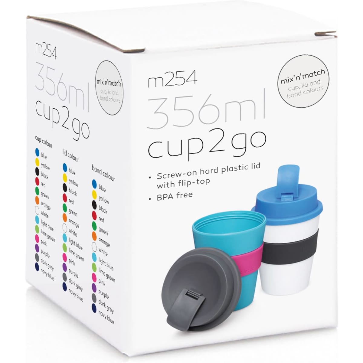 A drink bottle with a screw-on lid in grey, pink, and blue, packaged in a white box with a logo.