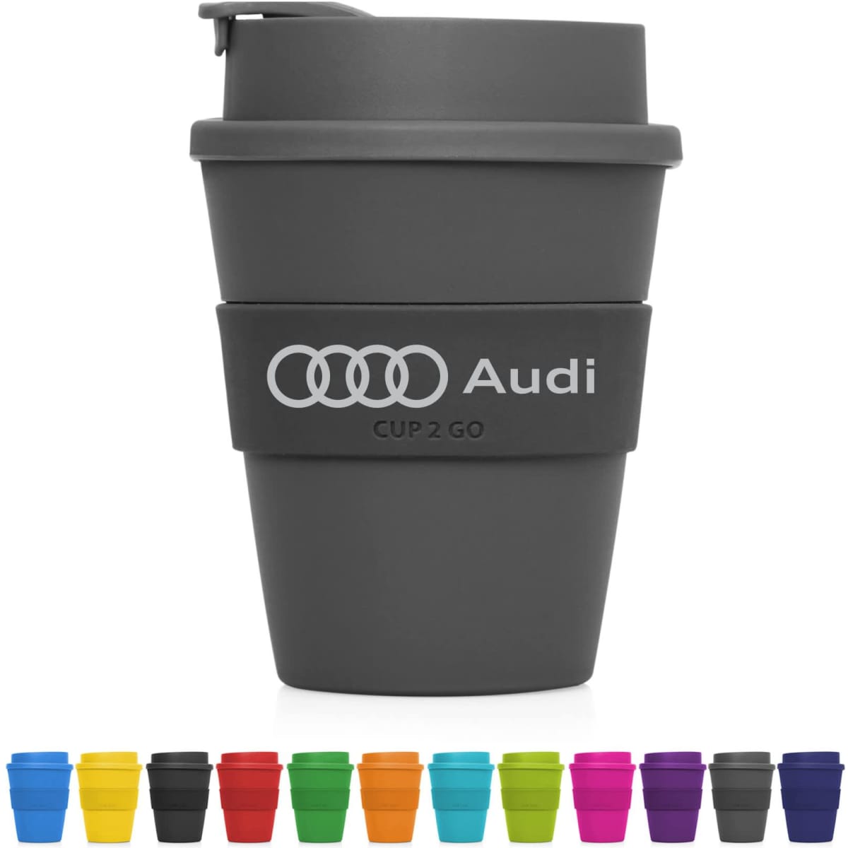 A drink bottle in grey with a removable lid and silicone sleeve, alongside various coloured cups.