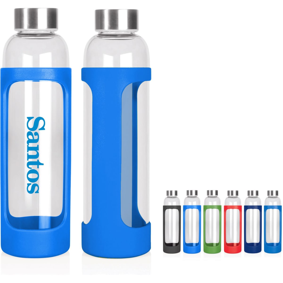A drink bottle with a clear glass body and a vibrant blue silicone sleeve, featuring a metal lid. Several other coloured options are visible.