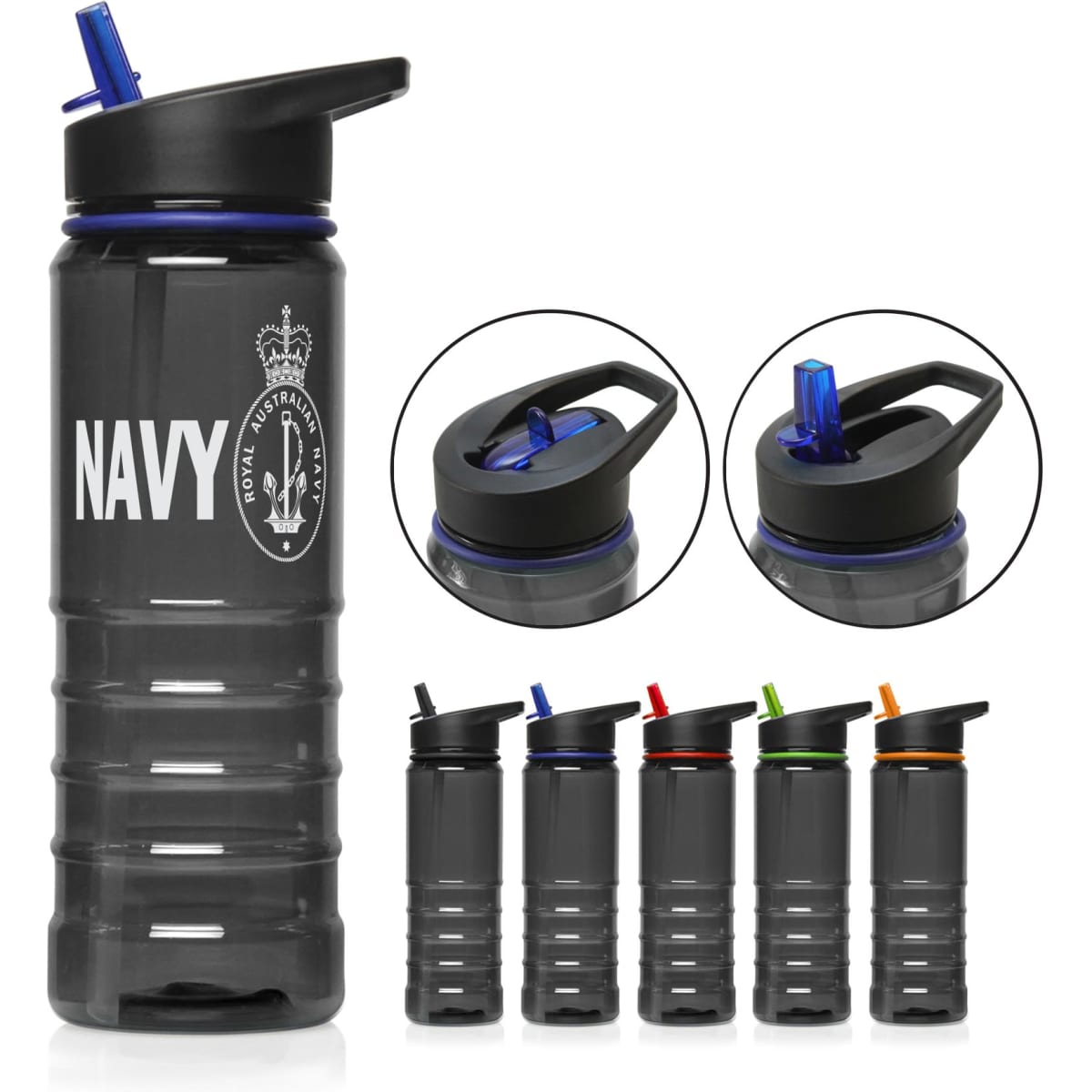 A drink bottle in grey Tritan, 750ml capacity, featuring a black lid and a straw. Available in various accents.