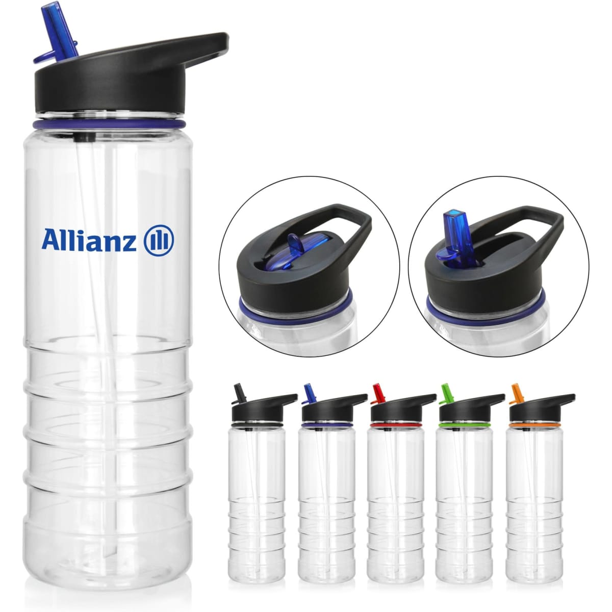 A drink bottle made of clear Tritan, featuring a black cap and various coloured accents, with a logo visible.