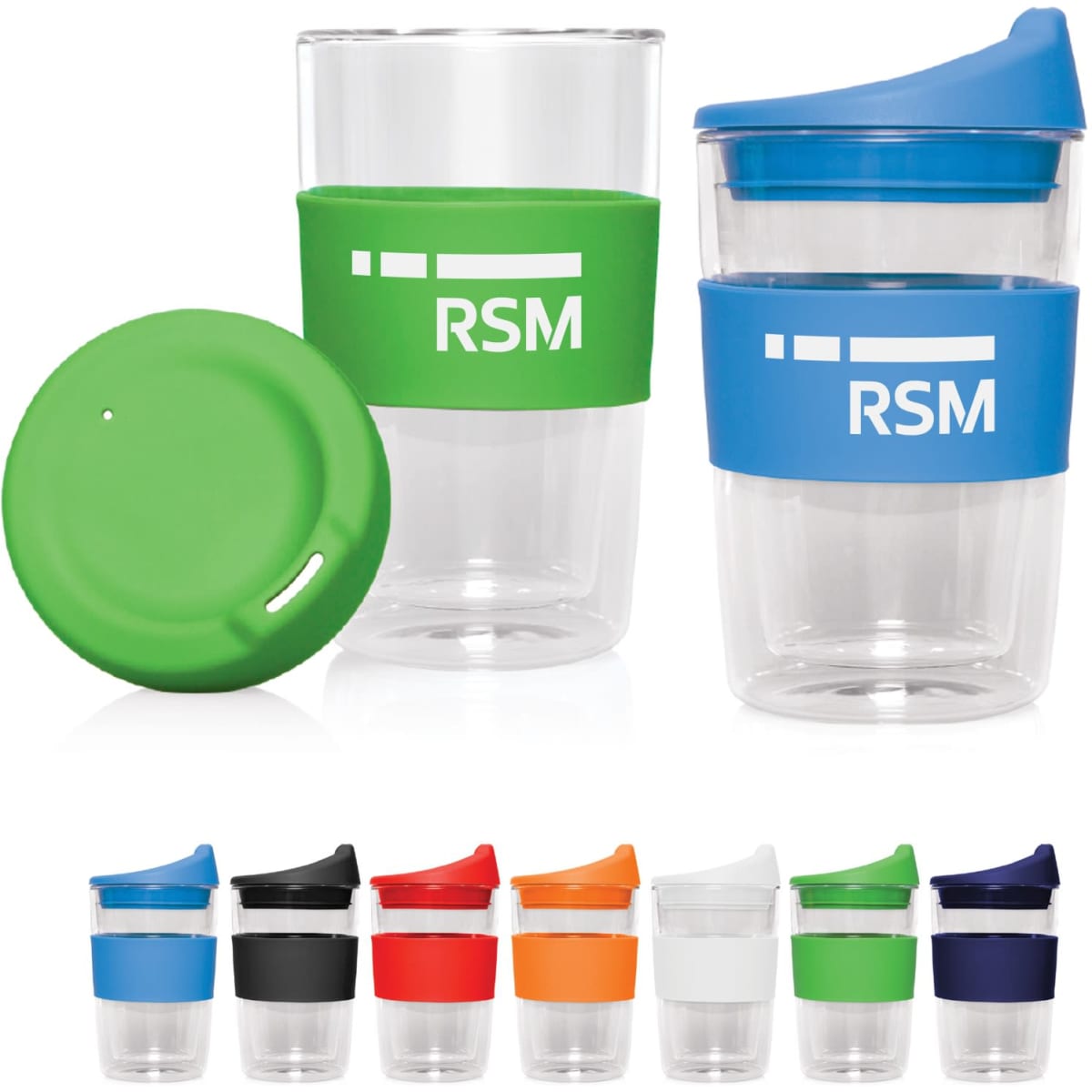 A double-walled glass cup in various colours, featuring silicone bands and lids, with a logo on the cups.