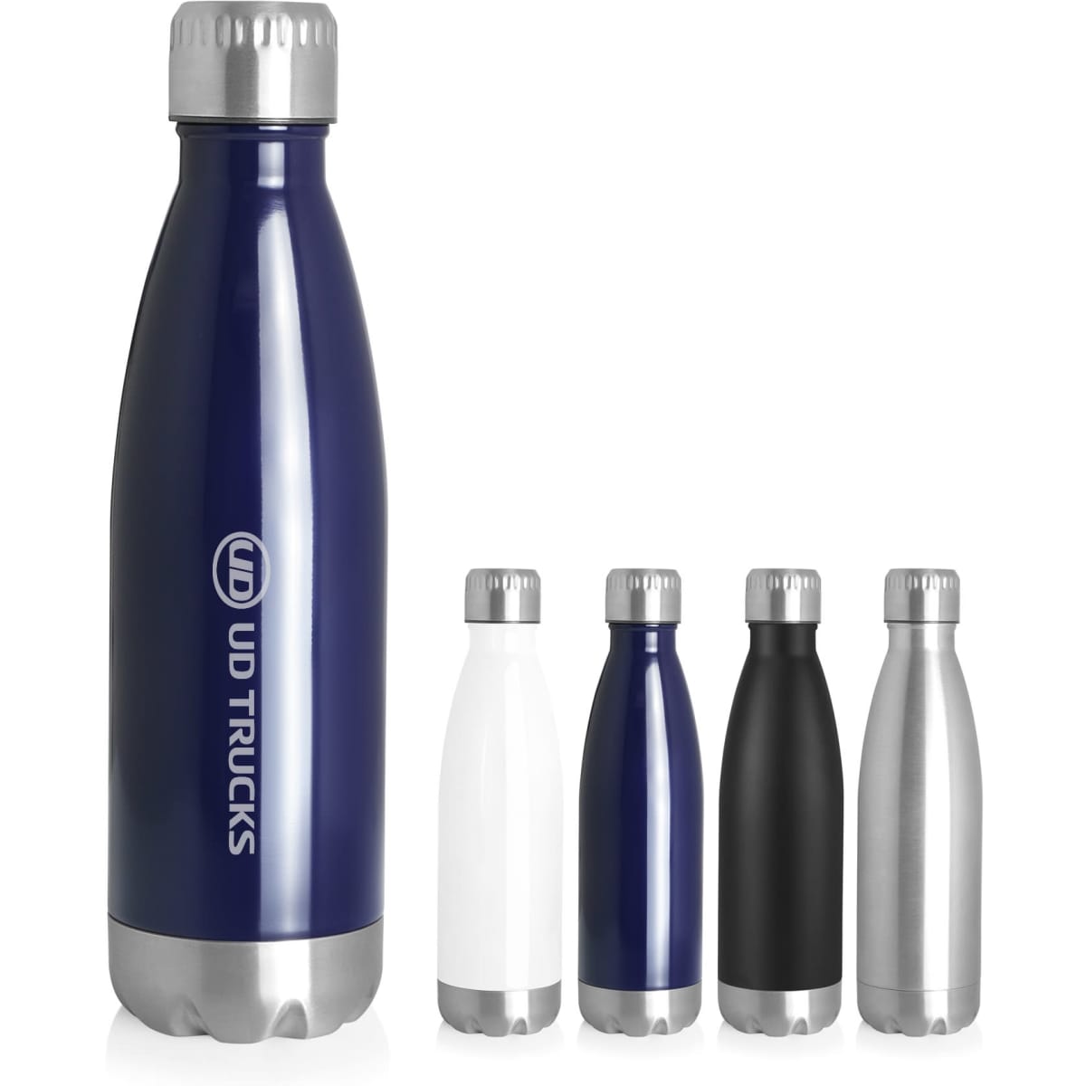 A drink bottle featuring a stainless double wall design in navy, white, black, and silver, with a logo.