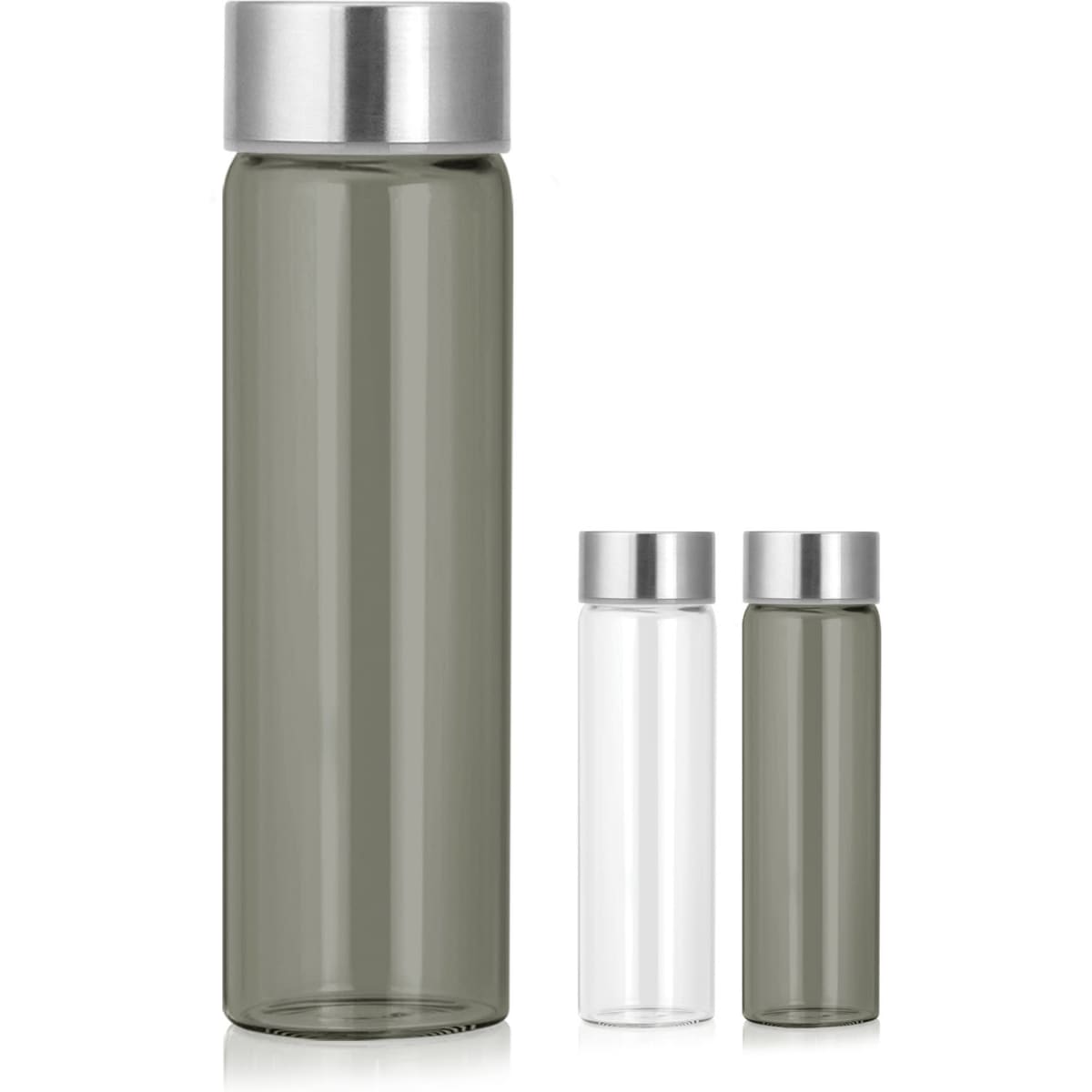 A drink bottle trio in varying sizes, featuring a stainless steel lid and transparent grey or clear glass body.