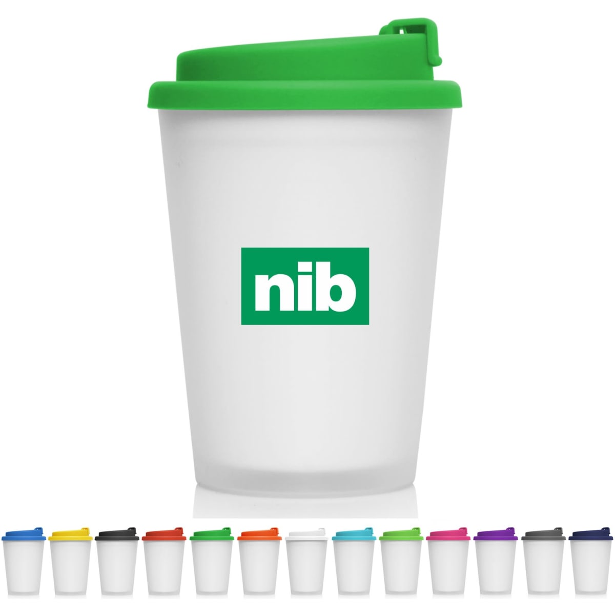 A frosted plastic double wall cup with a green lid, featuring a logo, in various colours below.