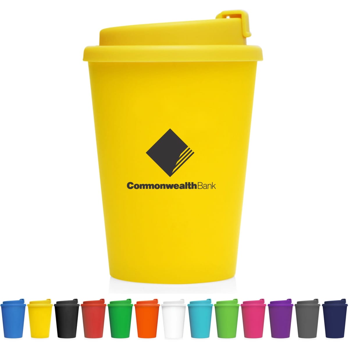 A drink bottle in bright yellow with a lid, featuring a logo and surrounded by various coloured cups.