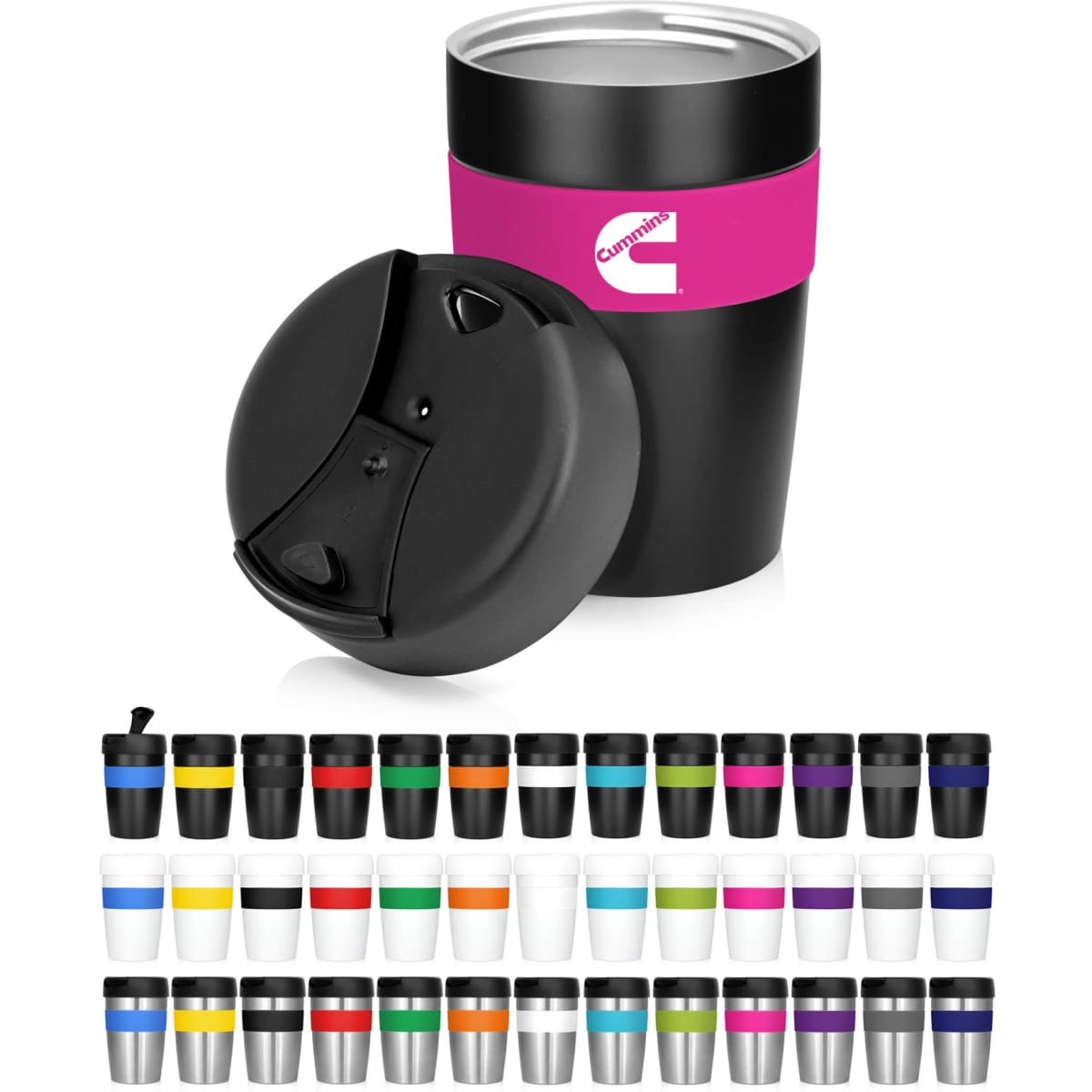 A drink bottle featuring a stainless steel design, double wall, and a black colour with a pink band. It includes a lid.