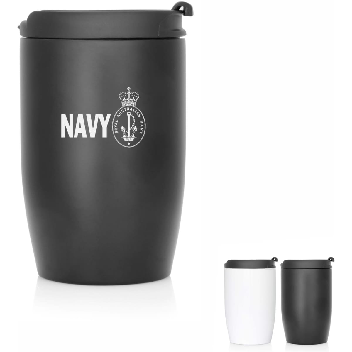 A drink bottle featuring a matte black and white design, with a lid and an emblem. It has a sleek, double-wall structure.