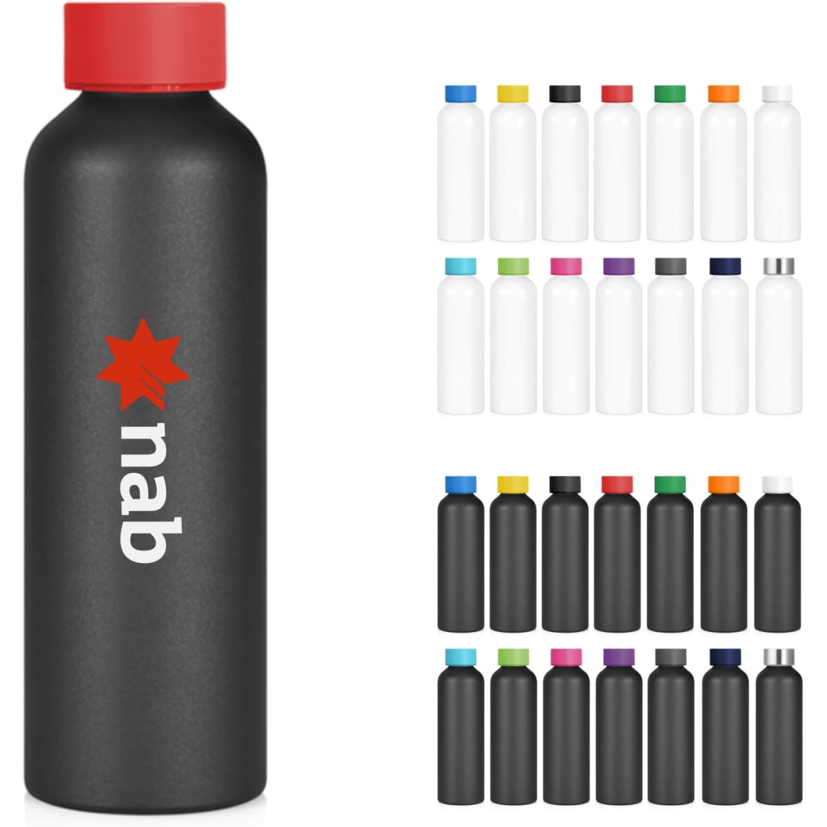 A drink bottle in black with a red cap, featuring a logo. Multiple colour options are displayed alongside.