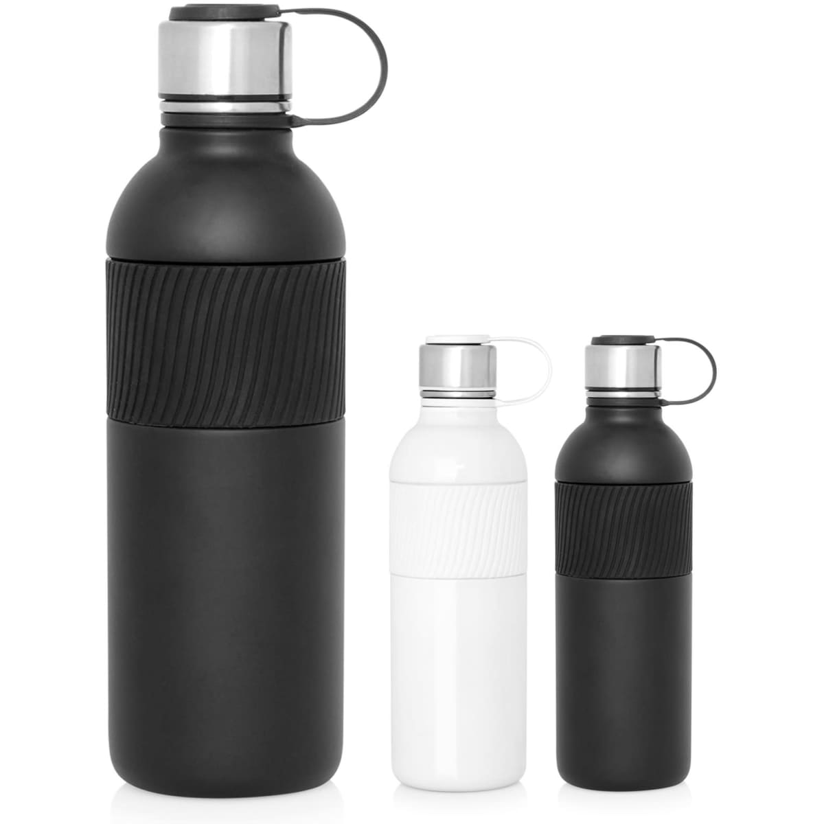 A drink bottle trio featuring a black stainless steel double wall 600ml bottle and smaller white and black versions, each with a lid.