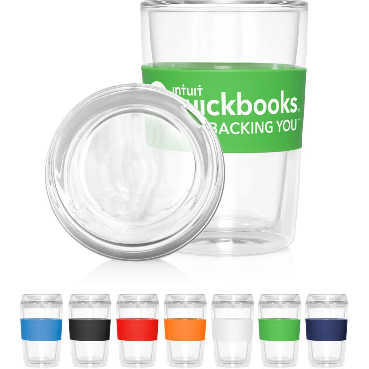 A double wall glass cup with a clear body and a green band, available in multiple vibrant colours.