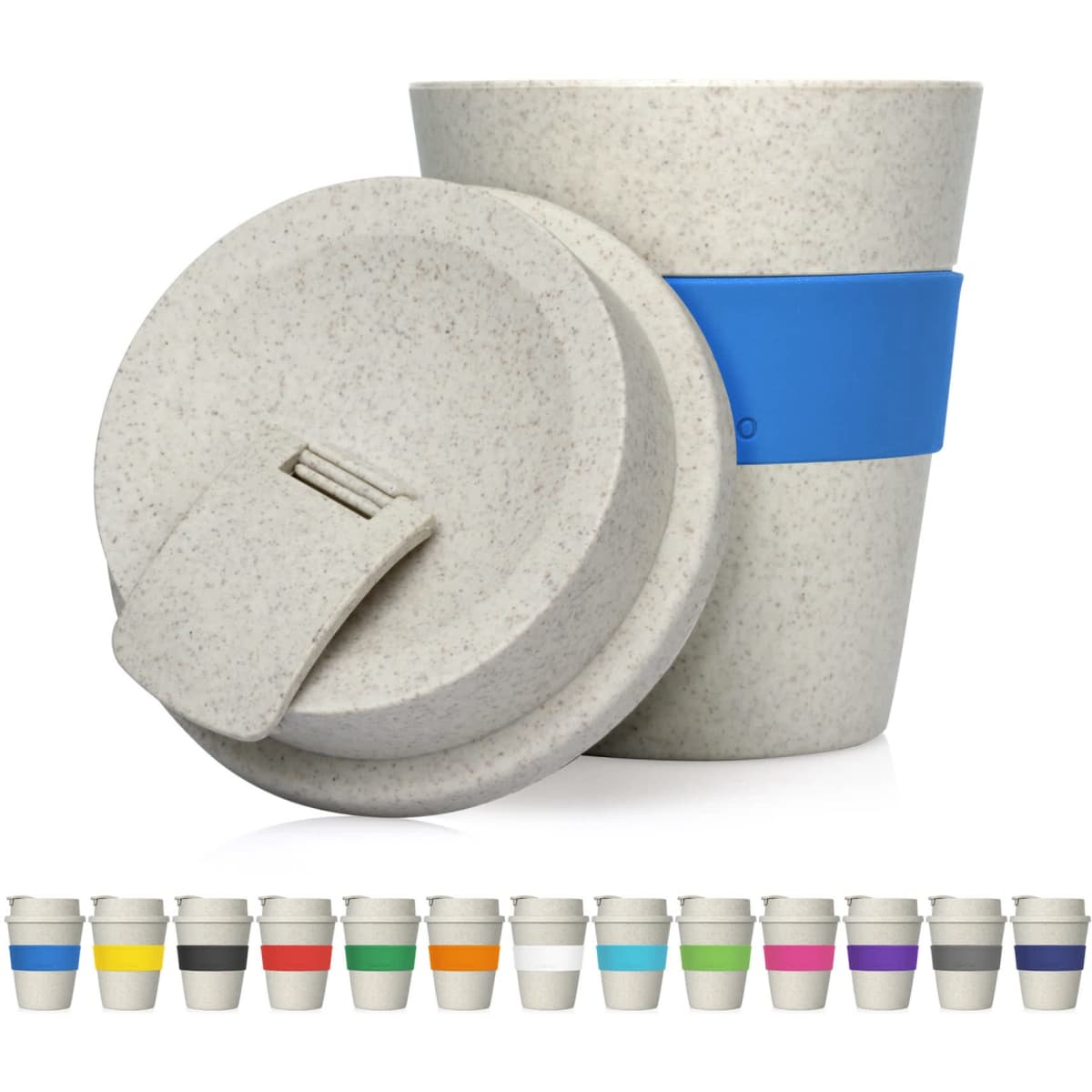 A drink bottle in a light beige colour with a blue lid and band, featuring a variety of other colours below.