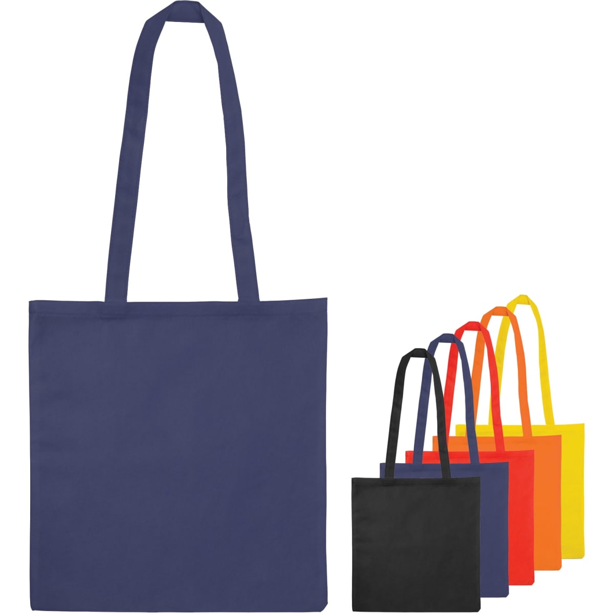 A non-woven tote bag in navy with five smaller bags in red, yellow, black, and orange. All bags have a logo.