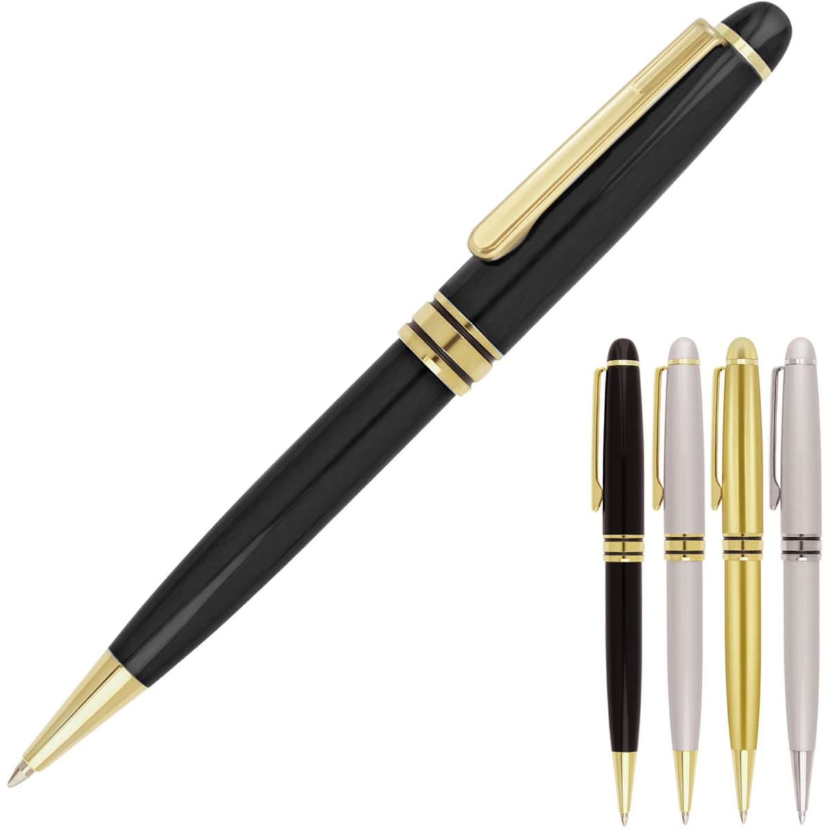 A black ballpoint pen with gold accents, accompanied by three additional pens in gold, silver, and white.