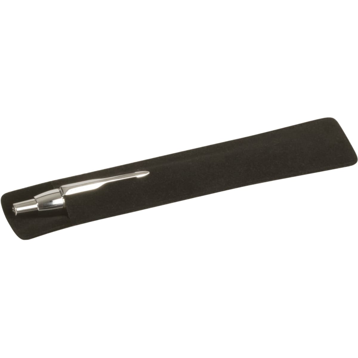 A black velvet pen pouch with a silver pen inside, featuring a subtle branding logo.