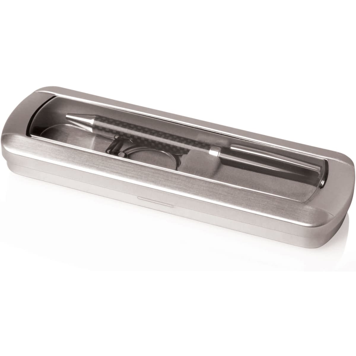 A silver gift box containing a pen and a keyring, displayed in a clear-top case.